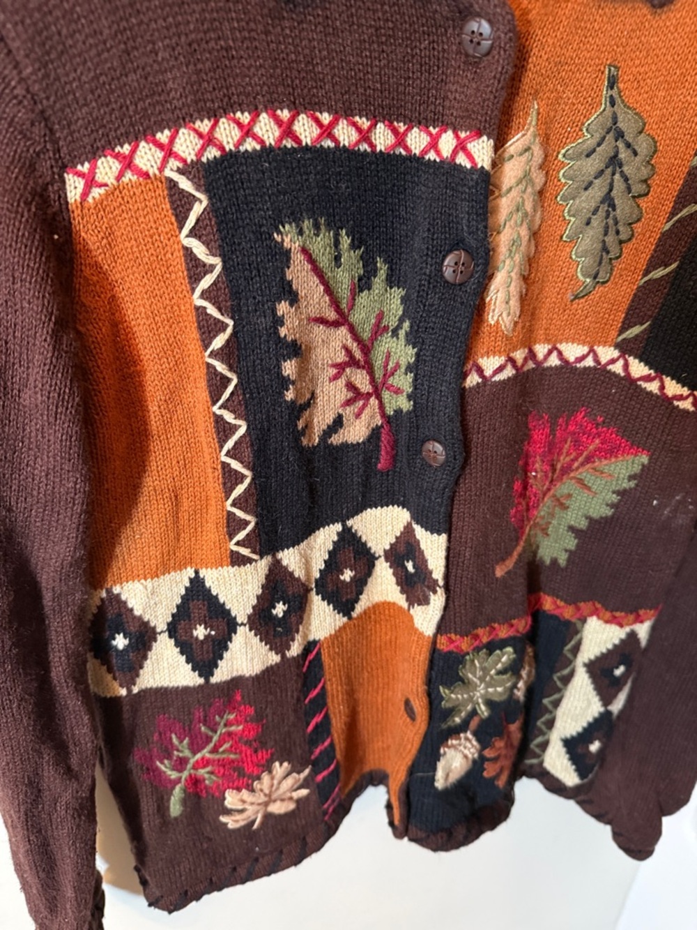 Classic Elements Brown Rust and Black Patchwork Leaf Embroidered Cardigan - Picture 3 of 7